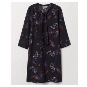 H&M Black Blue Floral Shift Dress High Neck Tie Bell Sleeves Size 8